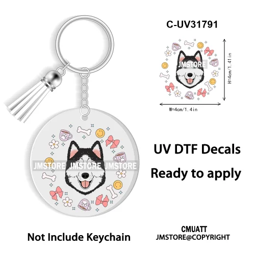 Dog Pet Mom Flower Bow Frame High Quality WaterProof Ready To Apply UV DTF Stickers For Round Circle Acrylic Keychain Keyring