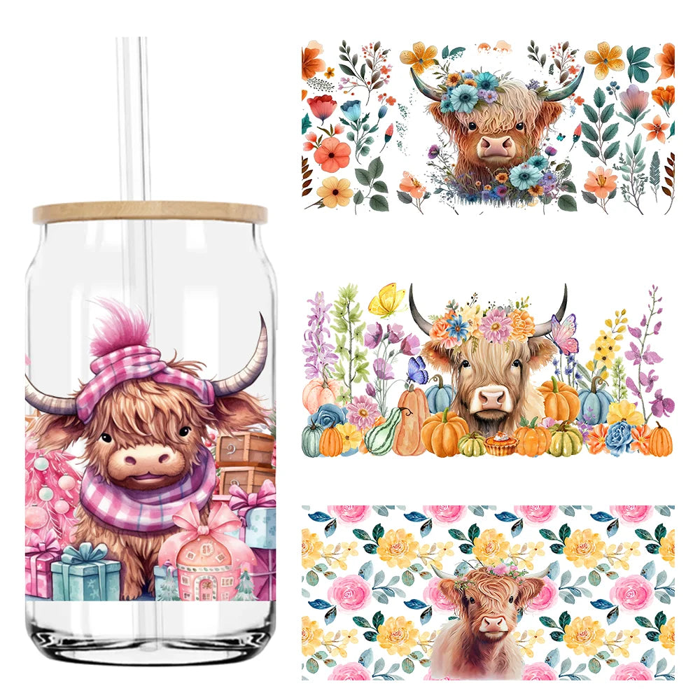 Cute Highland Cow With Pumpkins UV DTF Sticker For 16OZ Libbey Glass Cup Can Wrap Transfer Sticker Custom Labels DIY Logo