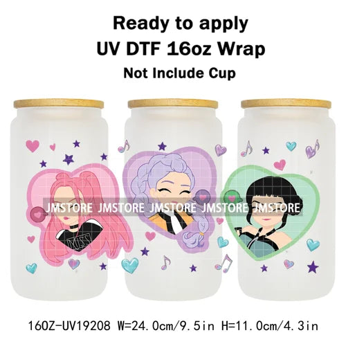 Demon Hunters Inspired Kpop Girls Bands UV DTF Transfer Sticker Durable Cup Tumbler Wrap For 16OZ Libbey Glass Wraps Bottle Mug