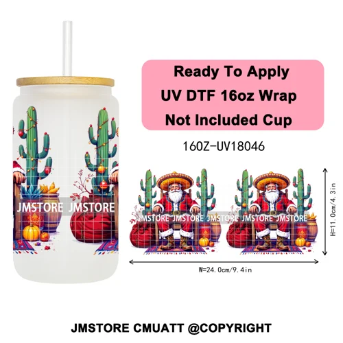 Feliz Navidad Christmas Mexican Food UV DTF Stickers Ready To Apply Cup Wrap High Quality Waterproof For 16OZ Libbey Can Glass