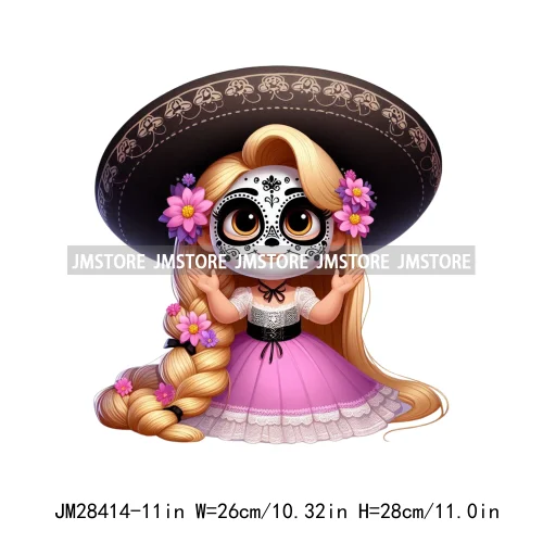 Colorful Day Of The Dead Catrina Princess Baby Girl Sombrero Hat Mexico Conchas Iron On DTF Heat Transfers Stickers For Clothing