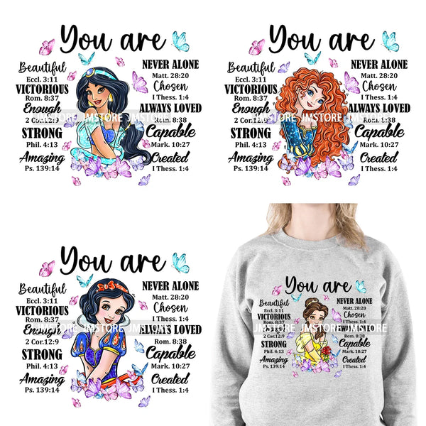 Cartoon Princess God Says Your Are Beautiful Melanin Lady Motivational Positive Words Iron On DTF Transfers Stickers For Clothes
