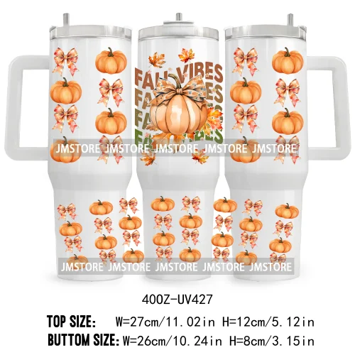 Retro Pumpkin Season Bow UV DTF 40OZ Tumbler Wrap Ready To Apply Good Quality Waterproof Dog Mom Fall Mama Transfer Stickers