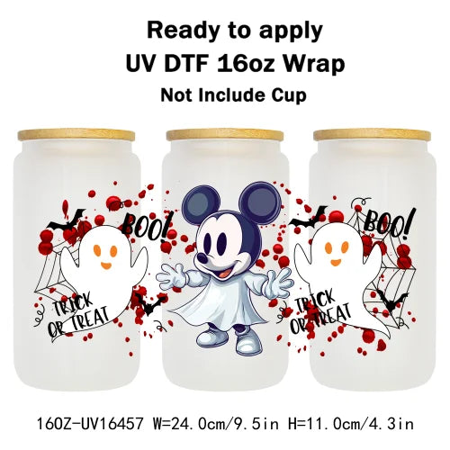 Cartoon Mouse Halloween Trick Or Treat UV DTF Stickers Ready To Transfer Cup Wrap Custom Prints For Libbey Can Glass Tumbler Mug