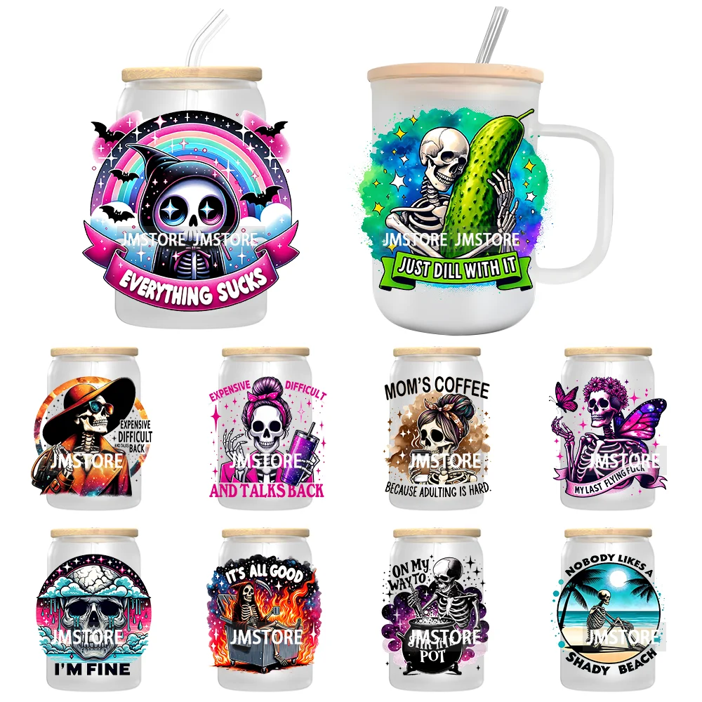 Antisocial Snarky Skeleton Skull UV DTF Transfer Stickers Decals For Libbey Cold Cups Mugs Durable Waterproof Custom Logo Labels