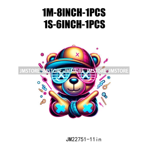 Cool Neon Colorful Hip Hop Streetwear Urban Teddy Bear Iron On DTF Transfers Stickers Ready To Press For Clothing Bags