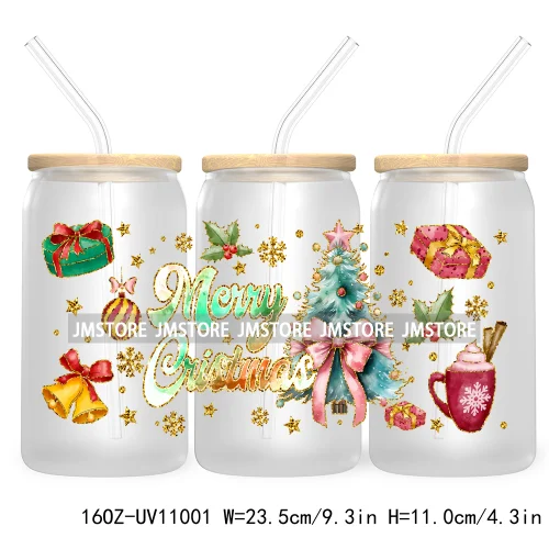 Coquette Glitter Holly Jolly Christmas Tree UV DTF Cup Wrap For Libbey Glass Can Transfer Stickers Waterproof Custom Labels Gift