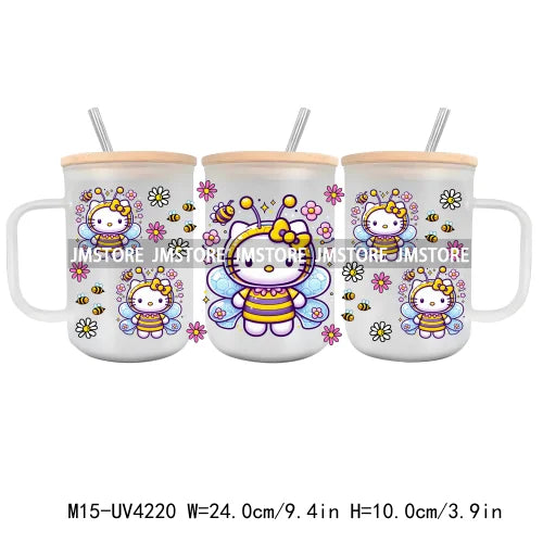 Cartoon Best Friends UV DTF Glass Can Wrap For 15OZ Mug Glass Cup Transfer Stickers DIY Custom Logo Labels Cute Cat Sunflowers