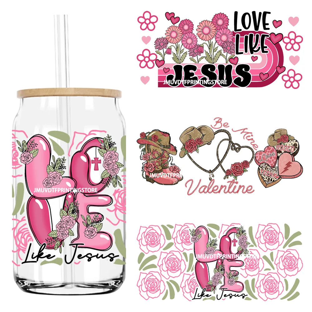 Love Jesus Valentine's Day 16OZ UV DTF Cup Wrap Transfers Stickers Mama Custom Label DIY Waterproof Logo For Libbey Glass Can