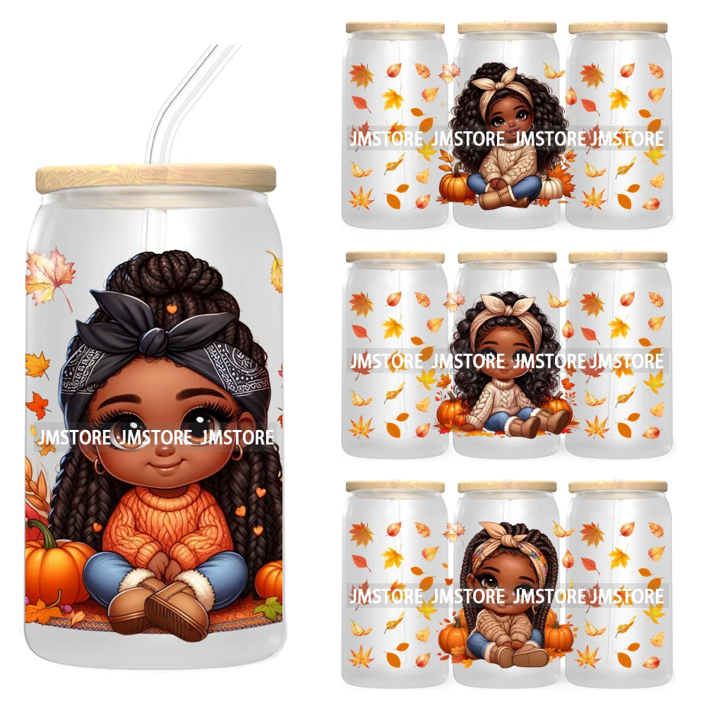 Afro African Girl 16OZ UV Cup Wrap DTF Transfer Stickers For Libbey Glass Can Cups Tumbler Fall Season Autumn Waterproof Labels