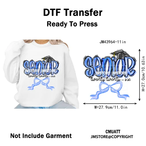 Preppy Coquette Senior 2026 Mega Graduate Cap Varsity Iron on Washable DTF Heat Transfers Stickers Ready to Press for Textiles