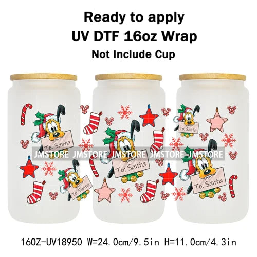 Festive Mouse Christmas Candy Cane 16OZ UV DTF Cup Wraps Ready To Apply Waterproof Transfer Stickers For Libbey Glass Can Bottle