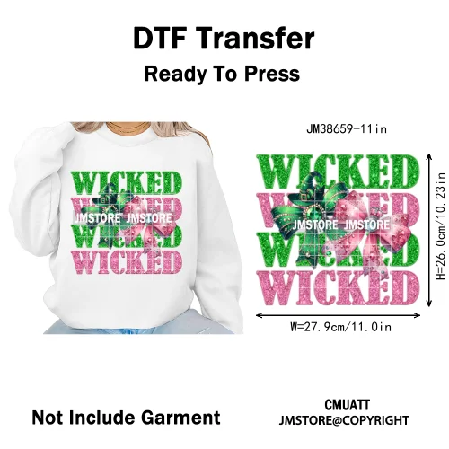 Witch Changed For Good Faux Glitter Pink and Green Movie Iron on DTF Washable Transfers Stickers Ready to Press for Clothes Bags