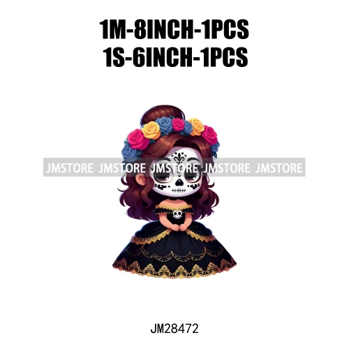 New Day Of The Dead La Catrina Dresses Girls Skull Flower Iron On DTF Transfers Stickers Ready To Press For Sweatshirt Bags