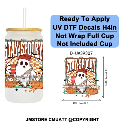 Stay Spooky Halloween Horror Pumpkin Coquette UV DTF Decals Ready To Apply Waterproof Transfer Sticker For 16OZ Libbey Glass Can