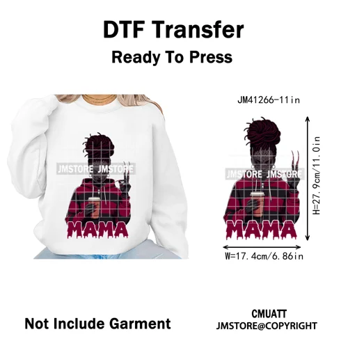 Coffee Lover Afro Mama Spooky Halloween Killer Cartoon Women Iron on Washable DTF Transfers Stickers Ready to Press for Hoodies
