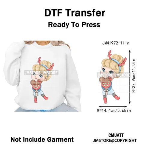 Cute Winter Christmas Girls Baby Mermaid Kids Cartoon Character Iron on DTF Washable Transfers Stickers Ready to Press for Texti