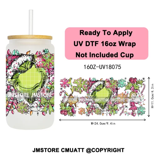 Christmas Cartoon Princess Merry Greenmas 16OZ UV DTF Cup Wraps Ready To Apply Waterproof Transfer Stickers For Libbey Glass Can