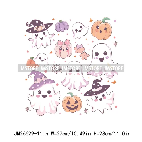 Colorful Halloween Spooky Season Cute Ghost Pumpkin Girly Coquette Bow DTF Iron On Transfers Stickers Ready To Press For T-shirt