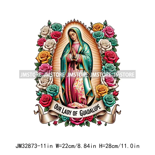 Cute Floral Mexico San Judas Tadeo Virgin Our Lady of Guadalupe Iron On DTF Transfers Stickers Ready To Press For Sweatshirts