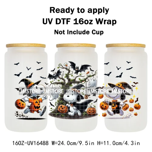Spooky Ghost Halloween Pumpkin Cartoon Dog 16OZ UV DTF Cup Wraps Ready To Apply Waterproof Transfer Sticker For Libbey Glass Can