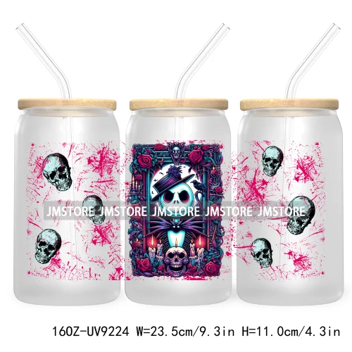 Horror Characters 16OZ UV Cup Wrap DTF Transfer Stickers For Libbey Glass Can Cups Tumbler Waterproof Labels Halloween Skull