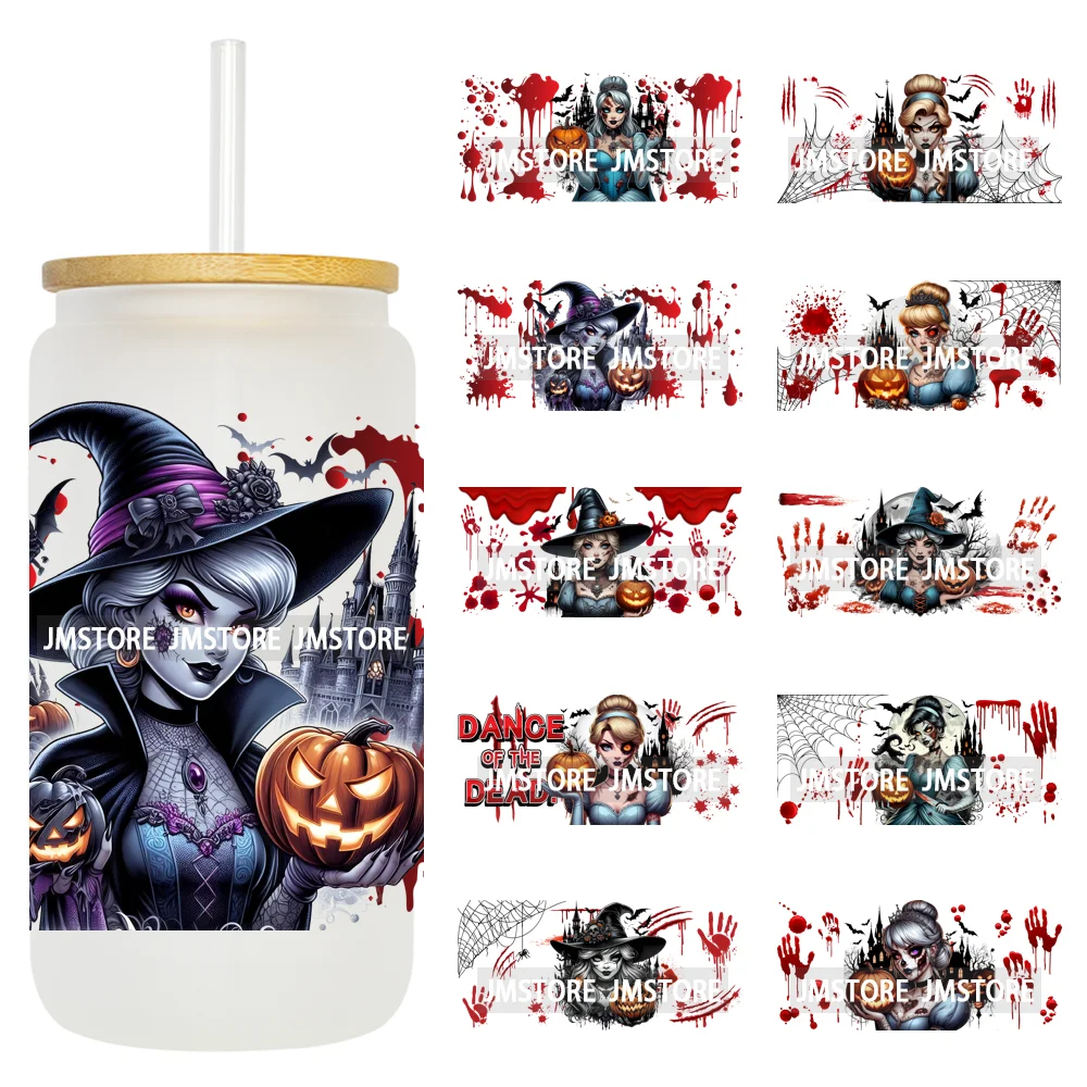 Halloween Witch Princess Bat Pumpkin UV DTF Wraps Transfer Stickers Waterproof High Quality For 16OZ Libbey Glass Can Tumbler