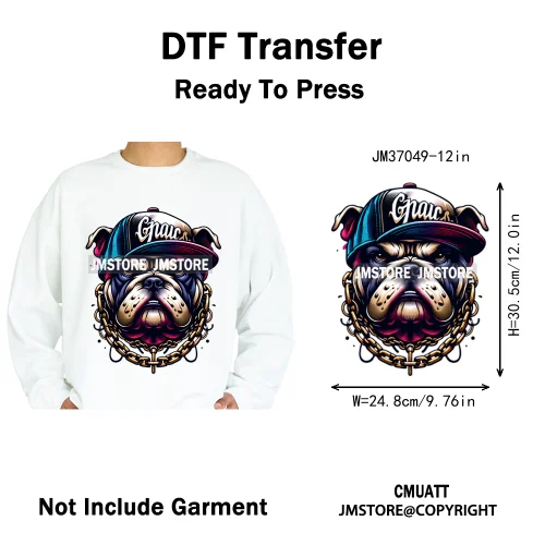 12in Streetwear Vibes Rich Cool Cartoon Bulldog King Designs Washable Iron on DTF Transfers Stickers Ready to Press for Clothes