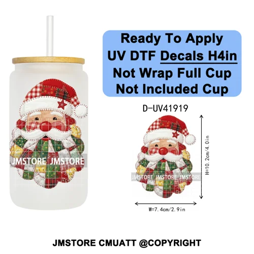 Christmas Santa Claus Patchwork UV DTF Decals Ready To Apply Waterproof Transfer Stickers DIY Crafts For 16OZ Libbey Glass Can