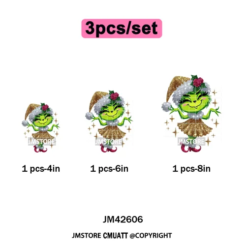 Faux Glitter Cartoon Christmas Movie Green Santa Kid Girly Xmas Iron on DTF Washable Transfer Sticker Ready to Press for Textile