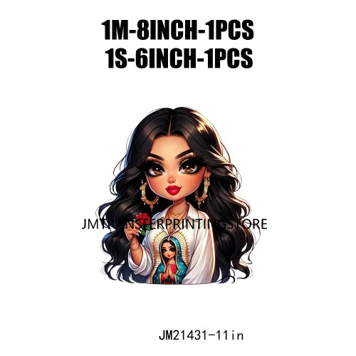 Chibi Cute Chicana Doll Guadalupe Lady Skull Latina Woman Cold Peel Decals Iron On DTF Transfers Stickers For Shirts Bags Pillow