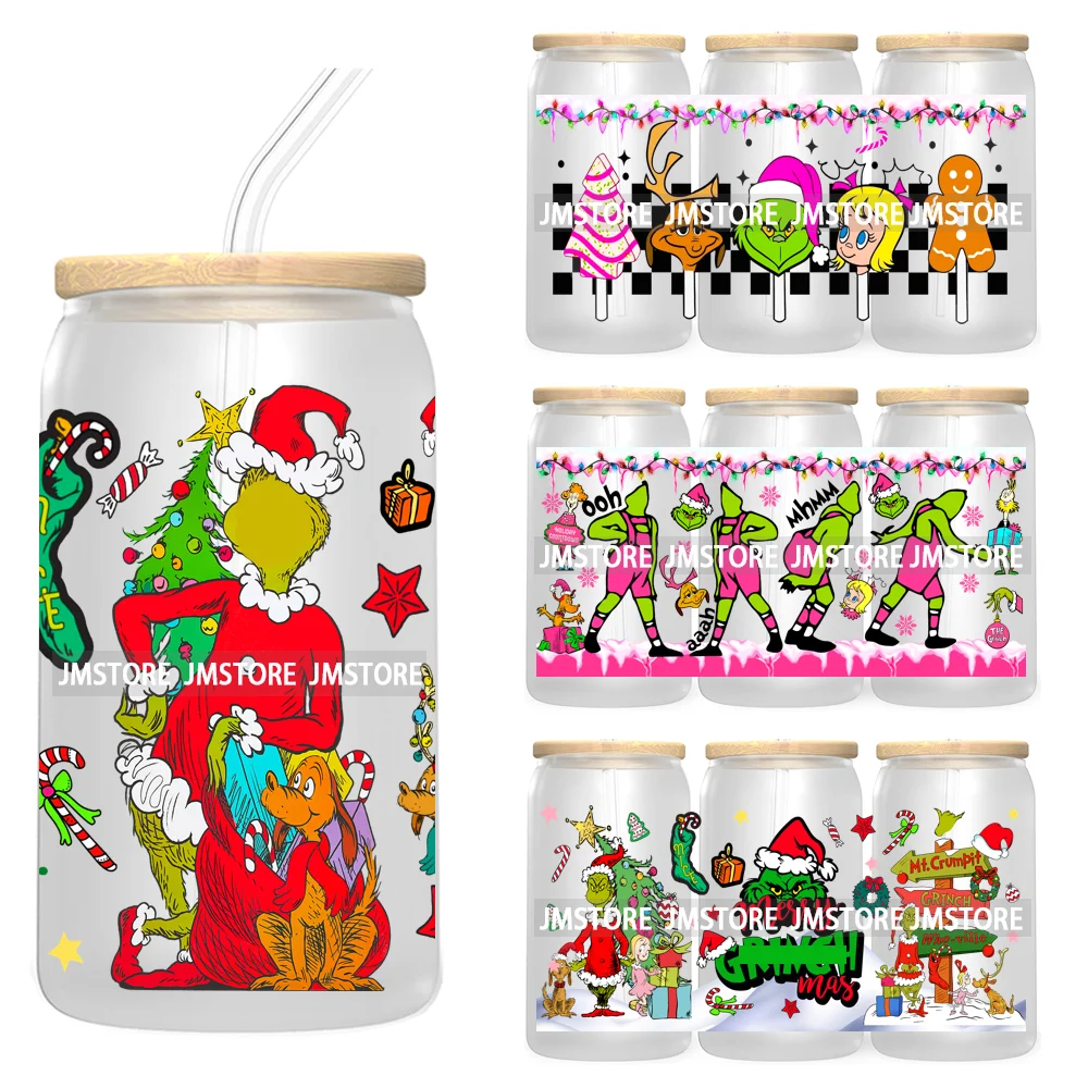 Retro Christmas Mean Guy UV DTF Cup Wrap For Libbey Glass Can Transfer Stickers Waterproof Custom Labels Merry Greenmas Xmas