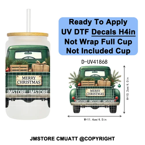 Watercolor Christmas Farm Truck Xmas Gifts UV DTF Transfer Stickers Decals Ready To Apply Waterproof For 16OZ Libbey Glass Can