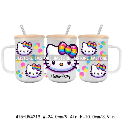 Cartoon Best Friends UV DTF Glass Can Wrap For 15OZ Mug Glass Cup Transfer Stickers DIY Custom Logo Labels Cute Cat Sunflowers