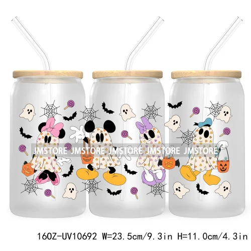 Fall Pumpkin Halloween Season 16OZ UV Cup Wrap DTF Transfer Stickers For Libbey Glass Can Cups Tumbler Cute Cartoon Mouse Ghost