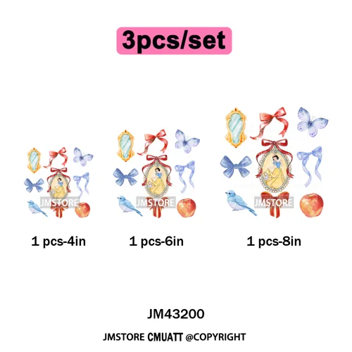 Colorful Girly Coquette Cartoon Princess Family Trip Iron on Washable DTF Heat Transfers Stickers Ready to Press for Clothing