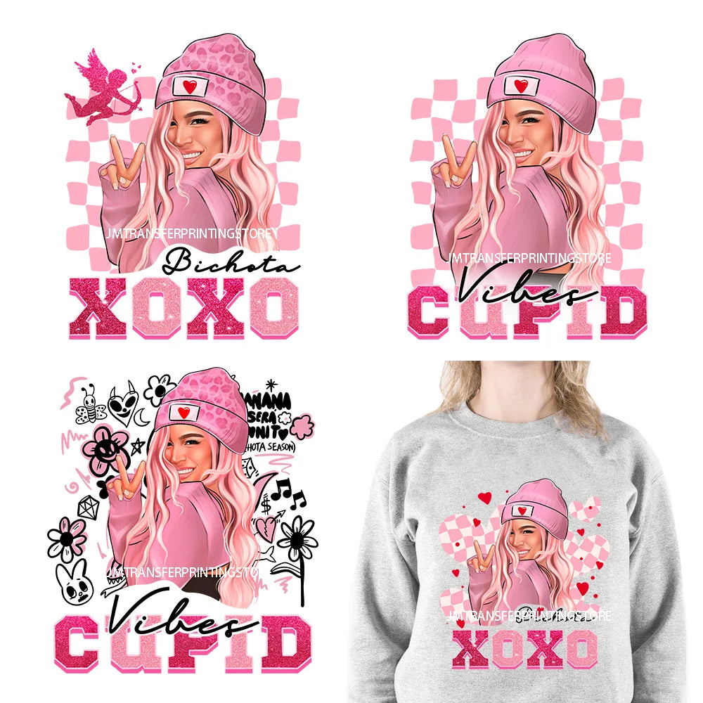 Fashion Pink Beautiful Girls Bichota XOXO Cupid Vibes Happy Valentines Day DTF Heat Transfer Stickers Ready To Press For Clothes