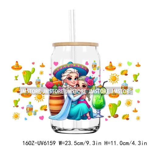 Cartoon Princess Cinco De Mayo Mexican UV DTF Sticker For 16OZ Libbey Glass Cup Can Wrap Transfer Stickers Custom Label DIY Logo