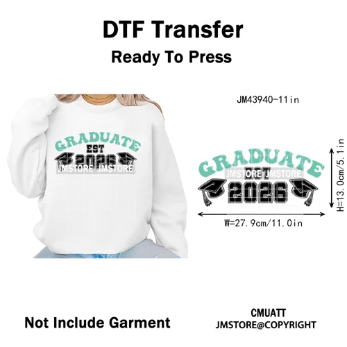 College Mega Senior 2K26 Coquette Class of 2026 Iron on Washable DTF Heat Transfers Stickers Ready to Press for Textiles Bags