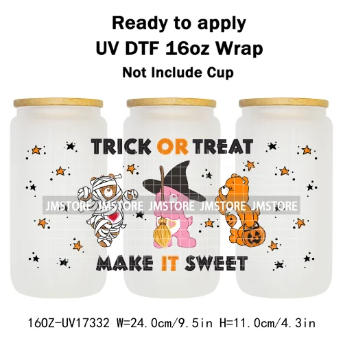 Scary Bears Halloween Pumpkins Horror Characters UV DTF Wraps Transfer Sticker Selfadhesive For 16OZ Libbey Glass Can Tumbler