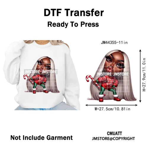 Cool African Melanin Girls Christmas Season Holiday Moody Iron on Washable DTF Heat Transfer Stickers Ready to Press for Hoodies