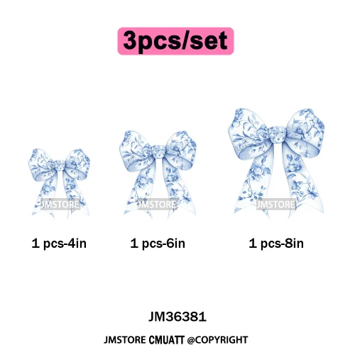 Blue And White Toile Chinoiserie Floral Coquette Bow Thermal Decals Iron on DTF Transfers Stickers Ready to Press for Clothing
