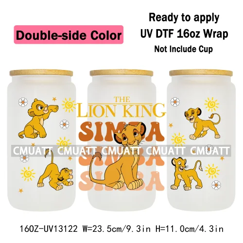 Double Side Color Cartoon Lion UV DTF Cup Wrap Transfer Stickers For 16oz Libbey Glass Beer Selfadhesive Waterproof Adhesive