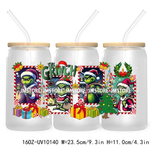 Christmas Coffee Cups Green Guy 16OZ UV Cup Wrap DTF Transfer Stickers For Libbey Glass Can Cup Tumbler Waterproof Label Cartoon