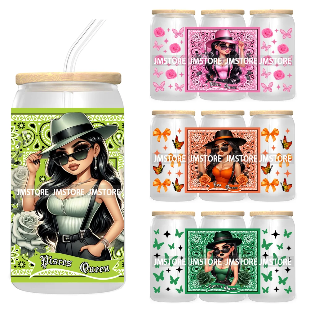 12 Zodiac Queens Chicana Mexican Girl 16OZ UV Cup Wrap DTF Transfer Stickers For Libbey Glass Can Cups Tumbler Waterproof Labels