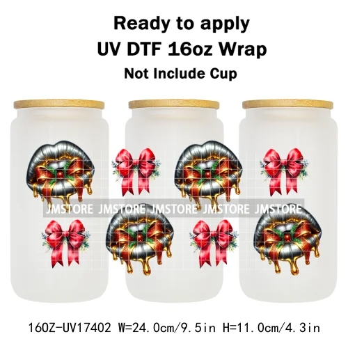 Coquette Bow Christmas Gift Lips UV DTF Stickers Xmas Season Candy Cane Ready To Transfer 16OZ Cup Wraps For Libbey Can Glass