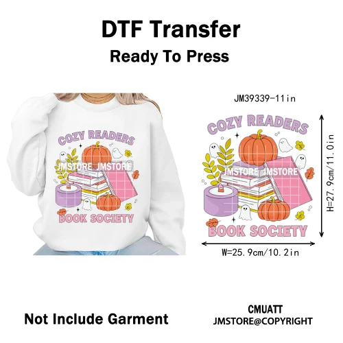Fall Into Reading Sunflower Pumpkin Coquette Autumn Season Vibes Iron on DTF Heat Transfers Stickers Ready to Press for T-shirts