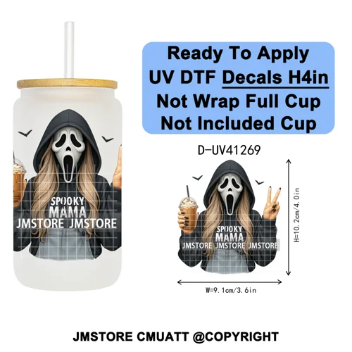 Black Girl Horror Characters Halloween Coffee UV DTF Transfer Sticker Decals Ready To Apply Waterproof For 16OZ Libbey Glass Can