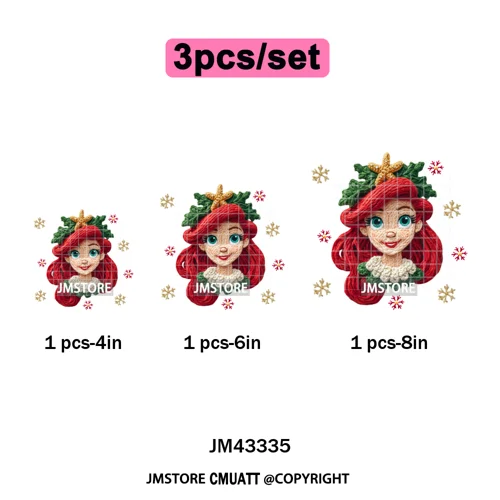 Cute Faux Knitting Yarn Princess Cartoon Character Christmas Holiday Iron on DTF Transfers Stickers Ready to Press for Hoodies