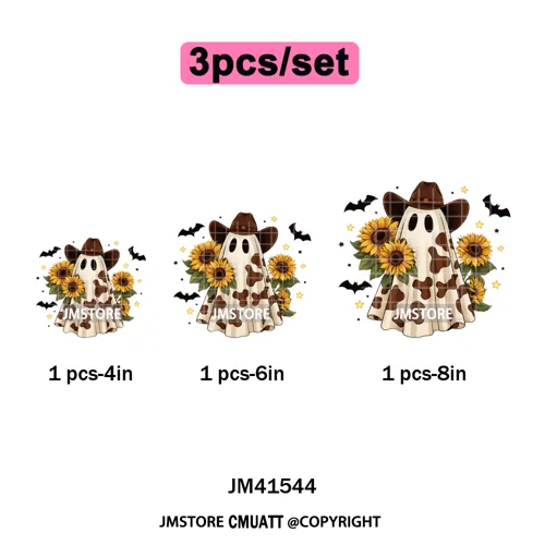 Pumpkin Leopard Spooky Ghost Moo Boo Cow Pet Halloween Bow Iron on DTF Washable Transfers Stickers Ready to Press for T-shirts